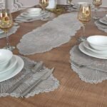 Set de table et chemin de table Venice pour 6 personnes, gris, 7 pièces